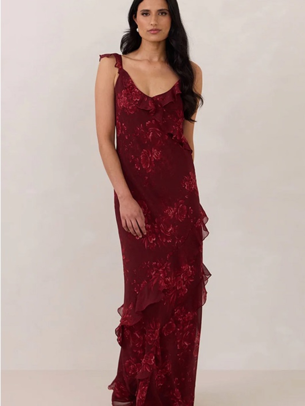 Park & Fifth Burgundy Floral Ruffle Slip Dress